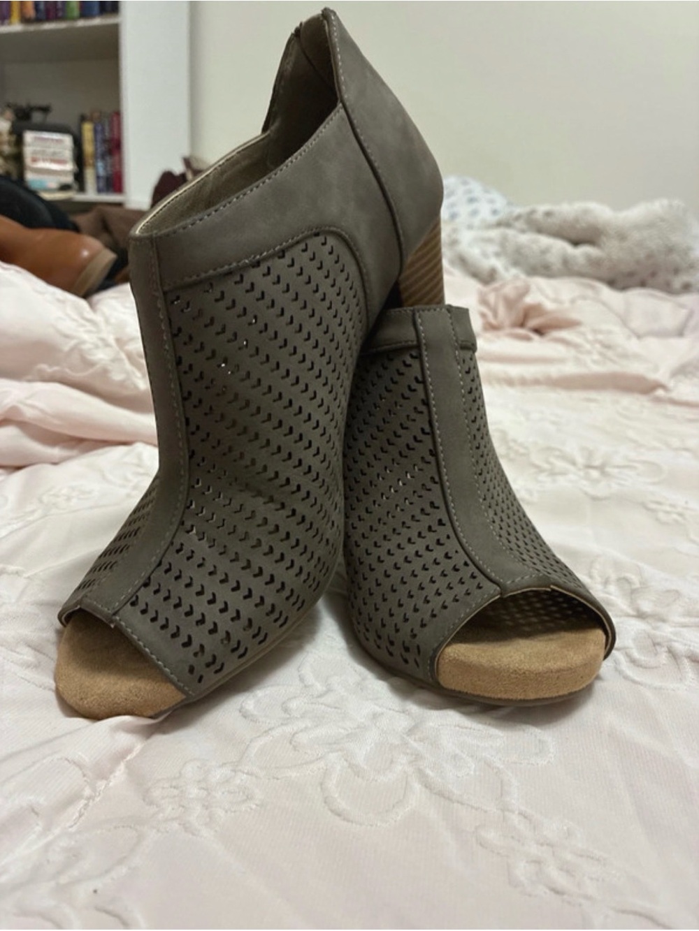 Giani Bernini Taupe Perforated Open-Toe Stacked Heel Booties